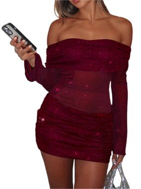 Off-Shoulder Sparkle Mini Dress in Wine